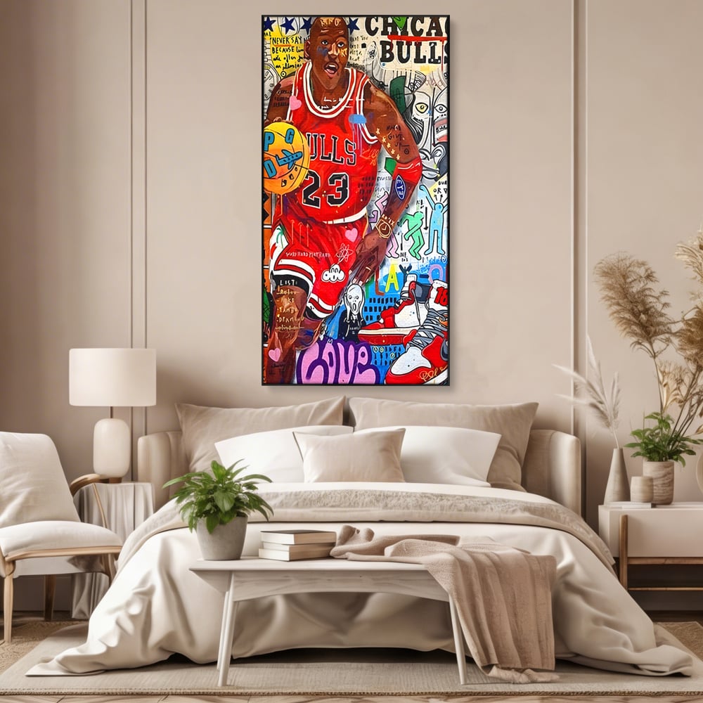 Tablou canvas cu tablou canvas cu michael jordan in stil graffiti, in rama de aluminiu negru, pe perete intr-un dormitor